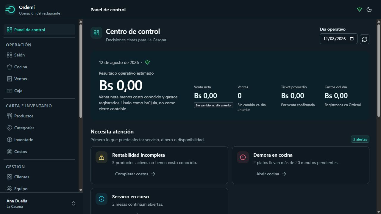 Panel de control de Ordemi con métricas operativas y alertas del restaurante