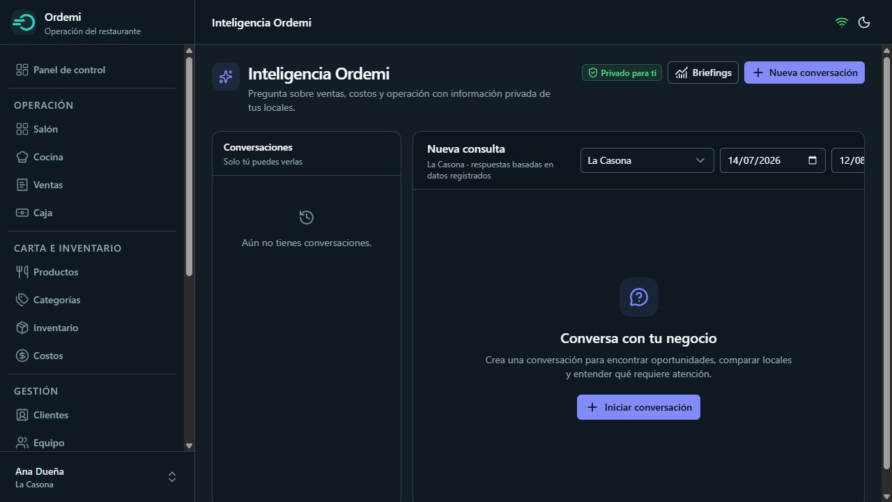 Pantalla privada de Inteligencia Ordemi para consultar datos del restaurante